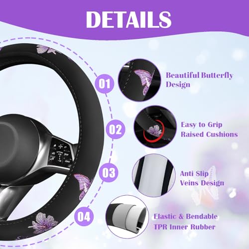 CAR PASS Butterfly Steering Wheel Cover and Waterproof Car Floor Mats,Purple Car Mats 14.5-15inch Steering Wheel Covers Universal Fit for Suvs,Sedans Cars,for Women Girl(Black and Purple) - color: Black and Purple Butterfly