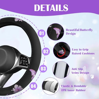 CAR PASS Butterfly Steering Wheel Cover and Waterproof Car Floor Mats,Purple Car Mats 14.5-15inch Steering Wheel Covers Universal Fit for Suvs,Sedans Cars,for Women Girl(Black and Purple) - color: Black and Purple Butterfly