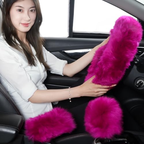 Fuzzy Genuine Sheepskin Steering Wheel Cover Set for Women Parents-Fluffy Soft Australian Merino Wool Wrap with Gear Shift and Hand Brake Covers, Cozy Stylish Luxury Car Accessories (Hot Pink) - color: Hot Pink