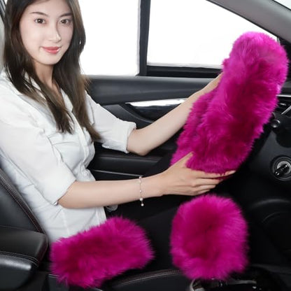 Fuzzy Genuine Sheepskin Steering Wheel Cover Set for Women Parents-Fluffy Soft Australian Merino Wool Wrap with Gear Shift and Hand Brake Covers, Cozy Stylish Luxury Car Accessories (Hot Pink) - color: Hot Pink