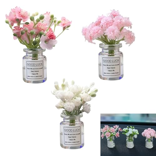 3 PCS Car Dash Flower Vase Decor, Faux Mini Arrangement Ornament with Cherry Blossom Jasmine, Nature Aesthetic Accessory with No-marking Adhesive, Universal for Girl Women (Multicolored)