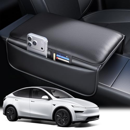 Wigoo Center Console Lid Cover for Tesla Model Y Juniper 2025-2026 & Model 3 Highland 2024-2026 (Standard, Premium & Performance), [Soft Support] Nappa Leather Armrest Protector Cover, Black - color: Black