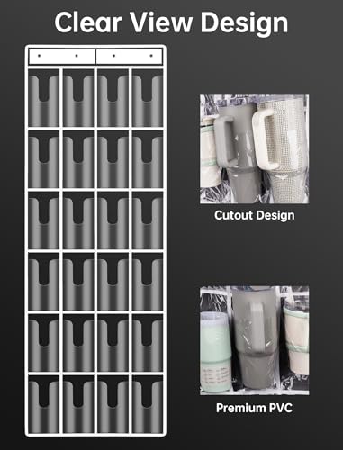 NiHome Clear 24 Pockets Door Hanging Water Bottle Organizer Compatible with 40oz Stanley Tumblers, Hanging PVC Storage Holder With Hooks for Cups, Mugs, Foldable, Large Capacity for Kitchen