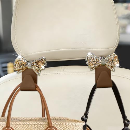 Bling Car Headreat Hook, 2PCS Crystal Rhinestone Cute Bow Vehicle Seat Back Hanger Storage for Purses Bags Grocery, Diamond Auto Rear Seat Organizer, Universal for SUV Truck Sedan (Gold) - style: Gold/2PCS