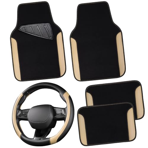 CAR PASS Faux Leather Steering Wheel Cover and Waterproof Car Floor Mats,Universal Car Combo Fit for 95% Sedan,SUV,Cars,14.5-15inch Sporty Anti-Slip Safety Comfortable Design(Black＆Beige) - color: Beige