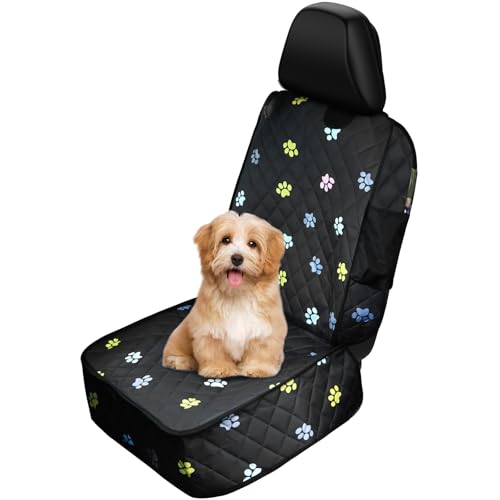 Front Seat Dog Cover for Cars Trucks SUV Waterproof Scratchproof Nonslip Full Protection Pet Dog Car Seat Covers Cute Paw Print Front Passenger Chair Protector for Travel Bed Safety(Black)