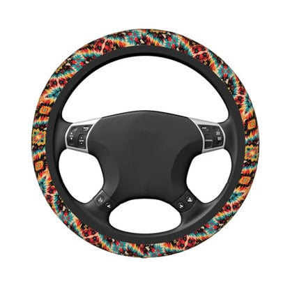 Southwest Boho Aztec Tribal Steering Wheel Cover - Universal 15 Inch, Brown Western Car Steering Wheel Covers Protector Saddle Blanket, Mandala - color: Southwest