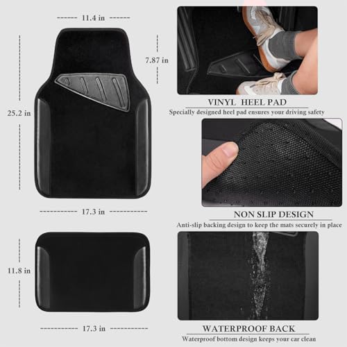 CAR PASS Microfiber Leather Steering Wheel Cover and Waterproof Car Floor Mats,Universal Car Combo Fit for 95% Sedan,SUV,Cars,14.5-15inch Anti-Slip Safety Comfortable Faux Leather Design(Solid Black) - color: All Black