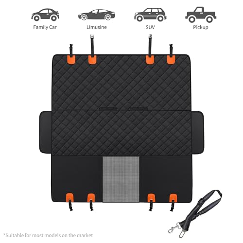 GXT Dog Back Seat Cover Protector for Cars SUV and Trucks with Mesh Window, Scratchproof Nonslip and Waterproof Material - color: Black/Orange, style: Seat Cover and Dog Seat Belt