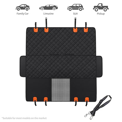 GXT Dog Back Seat Cover Protector for Cars SUV and Trucks with Mesh Window, Scratchproof Nonslip and Waterproof Material - color: Black/Orange, style: Seat Cover and Dog Seat Belt