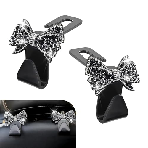 2 PCS Car Bling Bow Car Seat Headrest Hooks, 3D Cute Rhinestone Butterfly Bow Hook, Multi-function Storage Hanger for Purses Bags, Clip-on Installation Decoration for Car Rear Seat (Black) - color: Black