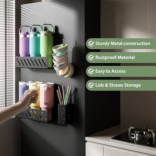 Magnetic Cup Organizer for Full Stanley 30/40 oz Tumbler, 2Pack Water Bottle Holder with Tumbler Lid & Straw Organizer, Ideal for Fridge and other iron surfaces, Flexible disassembly(Black) - size: 6 bottles