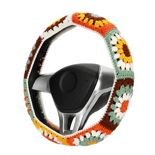 Crochet Steering Wheel Cover Set,Cute Steering Wheel Cover Boho 14-15 in,Handmade Sunflower Granny Square Decor for Women,Hippie Car Accessories (A Wheel Cover) - color: A Wheel Cover
