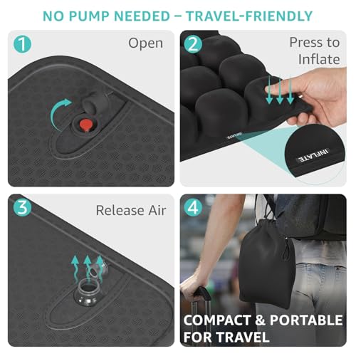 Inflatable Travel Seat Cushion for Airplane - Portable Air Pad with Built-in Pump for Long Haul Flight Essentials - Ergonomic Tailbone & Sciatica Pain Relief, Non-Slip, 15.7x15.7, Black - size: 15.7"x15.6"
