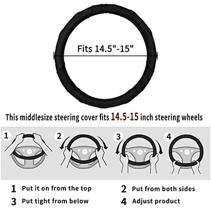 Achiou Black Car Steering Wheel Cover Universal 15 inch with Grip Contours, Leather Auto for Men and Women Non-Slip Breathable Soft and Comfortable