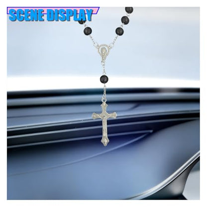2PCS Rosary Car Rear View Mirror Charm, Personalized Medal and Cross Automotive Interior Pendant, Universal Vehicle Mirror Hanging Ornament Accessories for Women Men(Black)