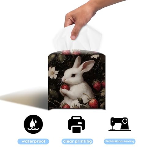 Spring Rabbit 5.2-Inch Square PU Leather Tissue Box Cover – Easter Bunny Art, Hand-Stitched, Removable Liner, Bathroom, Bedroom, Living Room, Office, Car - color: Rabbit