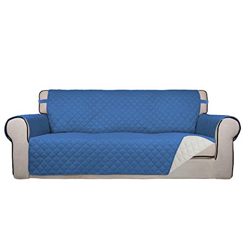 PureFit Reversible Quilted Sofa Cover, Water Resistant Slipcover Furniture Protector, Washable Couch Cover with Non Slip Foam and Elastic Straps for Kids, Dogs, Pets (X Large, Blue/Ivory) - color: Blue/Ivory, size: X-Large