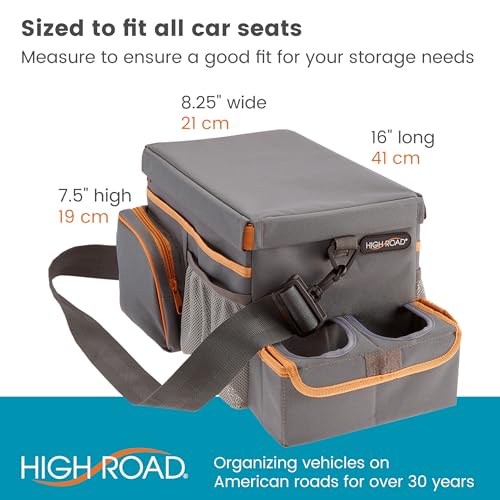 High Road CarHop Car Caddy Organizer with Road Trip Cooler, Car Cup Holder Bin, Sturdy Snack and Play Lid and 6 Organization and Storage Pockets, Gray - color: Gray