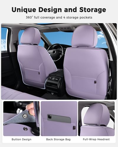 Huidasource Leather Car Seat Covers Full Set, Full Coverage Universal Fit for Most Cars SUVs Trucks, Easy Install with Velcro, Airbag Compatible, Retains Seat Functions & Cupholders, Purple - color: FS: Purple, size: Full Set