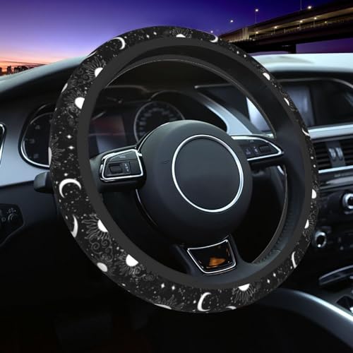 Black White Sun Crescent Stars On A Blue Mystical Ornament Steering Wheel Cover Car Accessories Cute for Women Girls Girly Universal 15 Inch Neoprene Auto Interior Decor Anti Slip Car Truck Protector - color: Black14