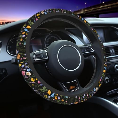 Spring Flower Colorful Leaves Steering Wheel Cover Car Accessories Cute for Women Girls Girly Universal 15 Inch Neoprene Auto Interior Decor Anti Slip Car Truck Protector - color: Black22