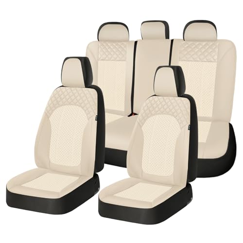 FLORICH Seat Covers Full Set Automotive Seat Covers Front and Rear Car Seat Cover Leather Air Mesh Seat Cushion 5 Seats Airbag-Compatible Universal Fit for Most Car SUV Sedan Truck, Beige - color: Light Beige, size: FullSet