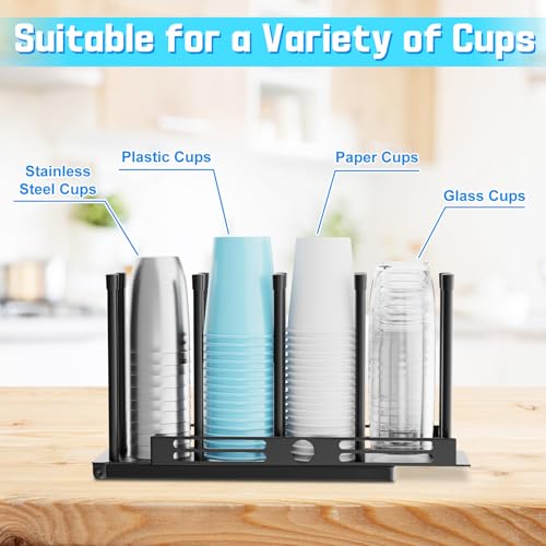 Adjustable Coffee Cup and Lid Holder,4 Compartment Metal Countertop Disposable Cup Dispenser Organizer for Coffee Bar Station Home Office Breakroom(Black)