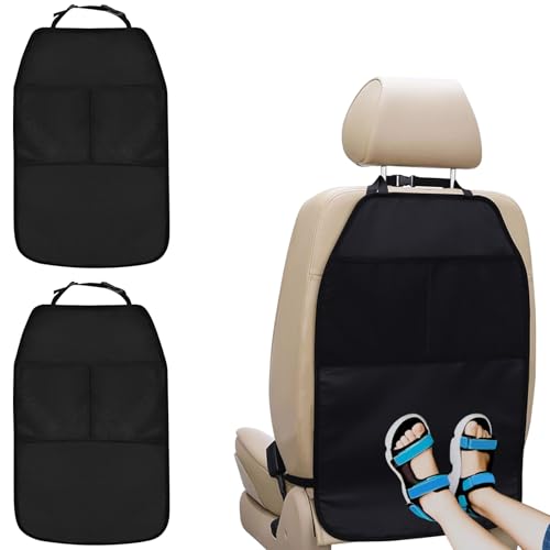 2PCS Kick Mats Back Seat Protector Back Seat Cover for Kids Feet Car Seats Kick Mat Vehicle Organizer Black Car Mats Travel Bag 2 Mesh Storage Pockets Waterproof Pad Interior Protectors