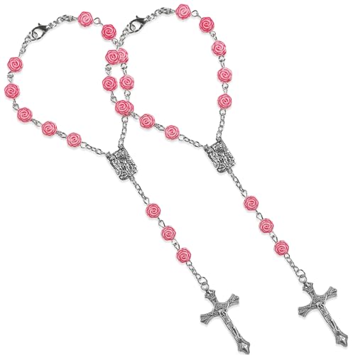 2PCS Car Rosary for Rearview Mirror, Catholic Rosary Pendant Personalized Rear View Mirror Charms, Medal & Cross Auto Hanging Ornament Decorative Accessories for Women Men (Pink Rose) - color: Pink Rose
