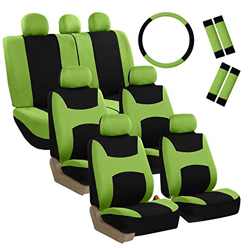 FH Group Light & Breezy Cloth Car Seat Covers, 7 Seater Three Row Set- Airbag & Split Ready -Universal for Cars Trucks and SUVs (Green/Black) - color: Green