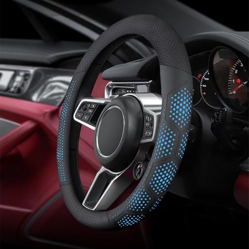 Leather Steering Wheel Cover for Jeep Wrangler Grand Cherokee Compass, 14.5-15 inches Car Steering Wheel Cover with Non-Slip Breathable (Blue) - color: Blue