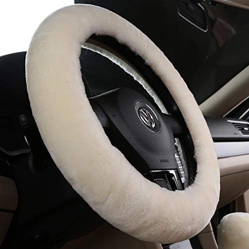 Fuzzy Sheepskin Steering Wheel Cover for Women | Warm & Fluffy Universal Auto Girly Accessories | Soft Lamb Fur for Cold Winters & Hot Summers | 14 1/2 inch-15 1/2inch Steering Wheel, Cream White - color: Cream White