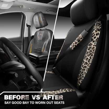 CAR PASS Leopard Print Faux Leather Car Seat Covers & Leopard Car Mats&Leopard Steering Wheel Cover Seat Belt Universal Car Accessories for SUV,Van,Saden,Truck Automobile Interior Sets(Gold Black) - color: Leopard Gold combo