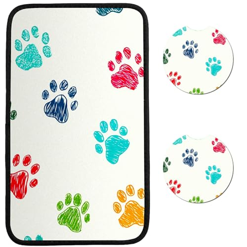 Universal Auto Center Console Pad and 2Pcs Car Coasters Set, Anti Slip Soft Neoprene Car Armrest Seat Box Cover Protector for Most Vehicle - Car Interior Accessories, Dog Paw Print White - color: Dog Paw Print White