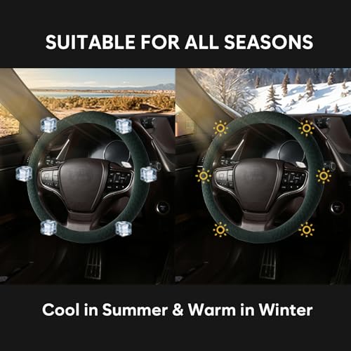 Suede Steering Wheel Cover with Upgraded Silicone Inner Ring, Breathable, Anti-Slip, Leather Universal 14.5 to 15 Inch Steering Wheel Cover (Green with Handwoven Craft) - style: Green with Handwoven Craft