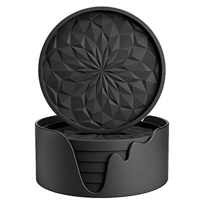 Silicone Coasters with Holder,[6 Pack] Drinking Coasters - Cup Mat for Hot or Cold Drinks, Thickened, Non-Slip, Non-Stick,Deep Tray Black - color: Black