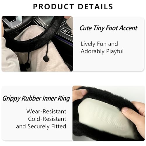Car Headrest Pillow & Steering Wheel Cover Set with Cute Big-Eyed Furball Travel Neck Support Pillow Fur Car Interior Accessory (Black Ring Cover) - color: Black Ring Cover
