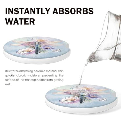 Dragonfly Car Coasters Set of 2 for Cup Holder 2.63" Absorbent Ceramic Cup Coaster Non-Slip Cork Base Drink Coasters with Finger Notch Car Accessories Interior for Women Men