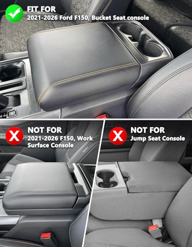 KBH Center Console Armrest Cover for 2021-2026 Ford F150, Middle Console Lid Protector, Arm Rest Box Cushion, Anti-Scratch, Black-Red Stitch (Fits Bucket Seat Console Only) - size: Bucket Seat, 21-26 F150, Red Stitch