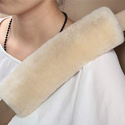 2 Pack Automotive Authentic Sheepskin Car Seat Belt Pads, Soft Shoulder Pad, Neck Cushion Protector, Genuine Natural Merino Wool (Pearl)