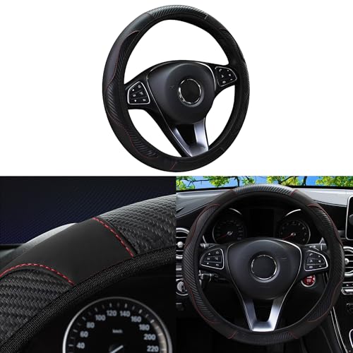 Car Steering Wheel Cover, 15 inch Carbon Fiber Microfiber Anti-Slip Breathable PU Leather Elastic Steering Wheel Protector, Car Interior Accessories for Most Cars (Black) - color: Black