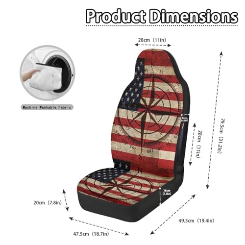 Front Car Seat Covers, American Flag Compass Print Comfortable Breathable Car Front Seat Cover Waterproof, Universal Auto Seat Cover Compatible with Airbag, Easy to Install, Set of 2 - color: American Flag Compass - Red and Beige