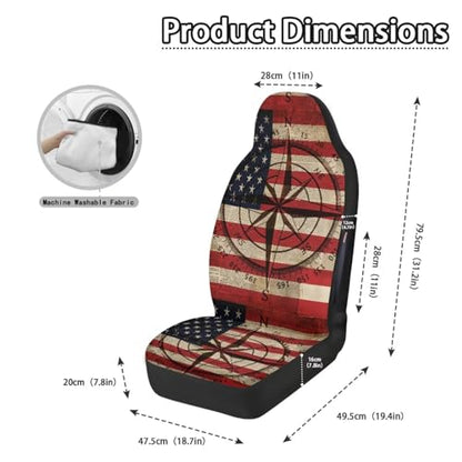 Front Car Seat Covers, American Flag Compass Print Comfortable Breathable Car Front Seat Cover Waterproof, Universal Auto Seat Cover Compatible with Airbag, Easy to Install, Set of 2 - color: American Flag Compass - Red and Beige