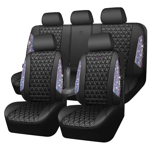 CAR PASS Bling Diamond Black Leather Car Seat Covers Full Set Interior Sets, Waterproof Shining Glitter Sparkly Crystal Armrest Fit Automotive Truck SUV Cute Women Girl, Bedazzed Iridescent Rhinestone - color: Bedazzed Rhinestone, size: Full Set
