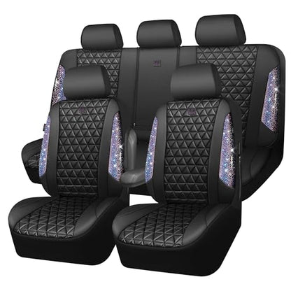 CAR PASS Bling Diamond Black Leather Car Seat Covers Full Set Interior Sets, Waterproof Shining Glitter Sparkly Crystal Armrest Fit Automotive Truck SUV Cute Women Girl, Bedazzed Iridescent Rhinestone - color: Bedazzed Rhinestone, size: Full Set