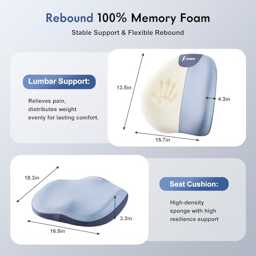 Seat Cushion and Lumbar Support Pillow for Office Chair Car, Ergonomic Memory Foam Back Support for Office Gaming Chair Driving Seat Wheelchair, Relieves Neck, Back & Sciatica Pain – Blue - color: Blue, size: Seat Cushion&Lumbar Pillow