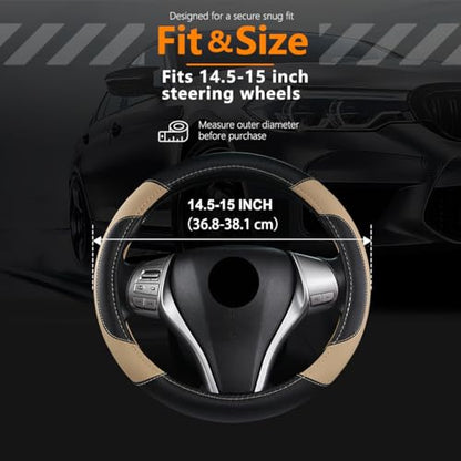 Leather Car Steering Wheel Cover, Non-Slip Car Wheel Cover Protector Breathable Microfiber Leather Universal Fit for Most Cars(Beige) - color: Beige