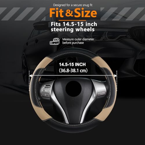 Leather Car Steering Wheel Cover, Non-Slip Car Wheel Cover Protector Breathable Microfiber Leather Universal Fit for Most Cars(Beige) - color: Beige