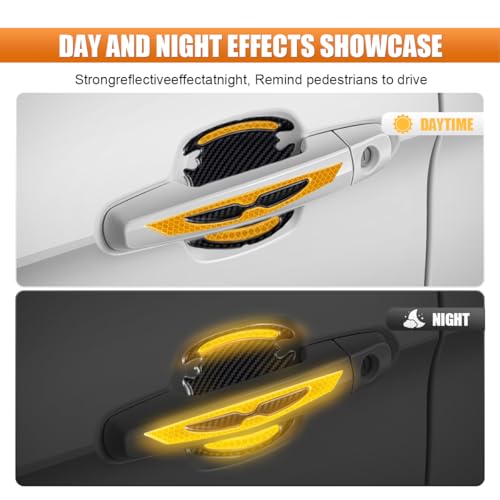 BDZMC 8PCS Car Door Handle Protector Stickers, 3D Carbon Fiber Paint Guard Cover, Outdoor Safety Warning Reflective Protective Films, Car Door Handle Scratch Protector for Most Cars (Yellow)